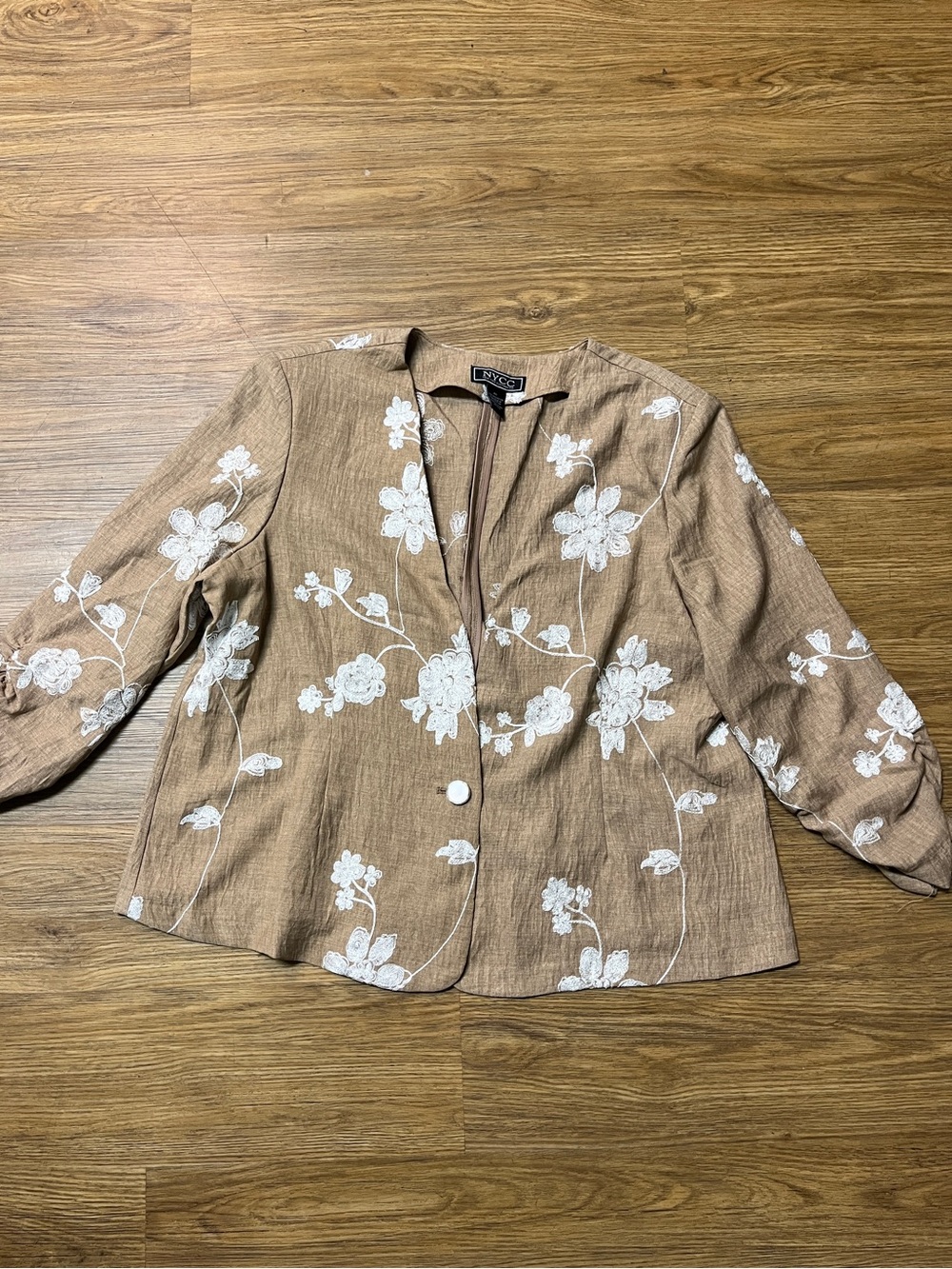 NYCC Tan & White Floral Embroidered Lightweight Blazer Jacket Size XL